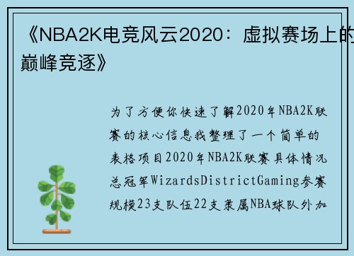 《NBA2K电竞风云2020：虚拟赛场上的巅峰竞逐》